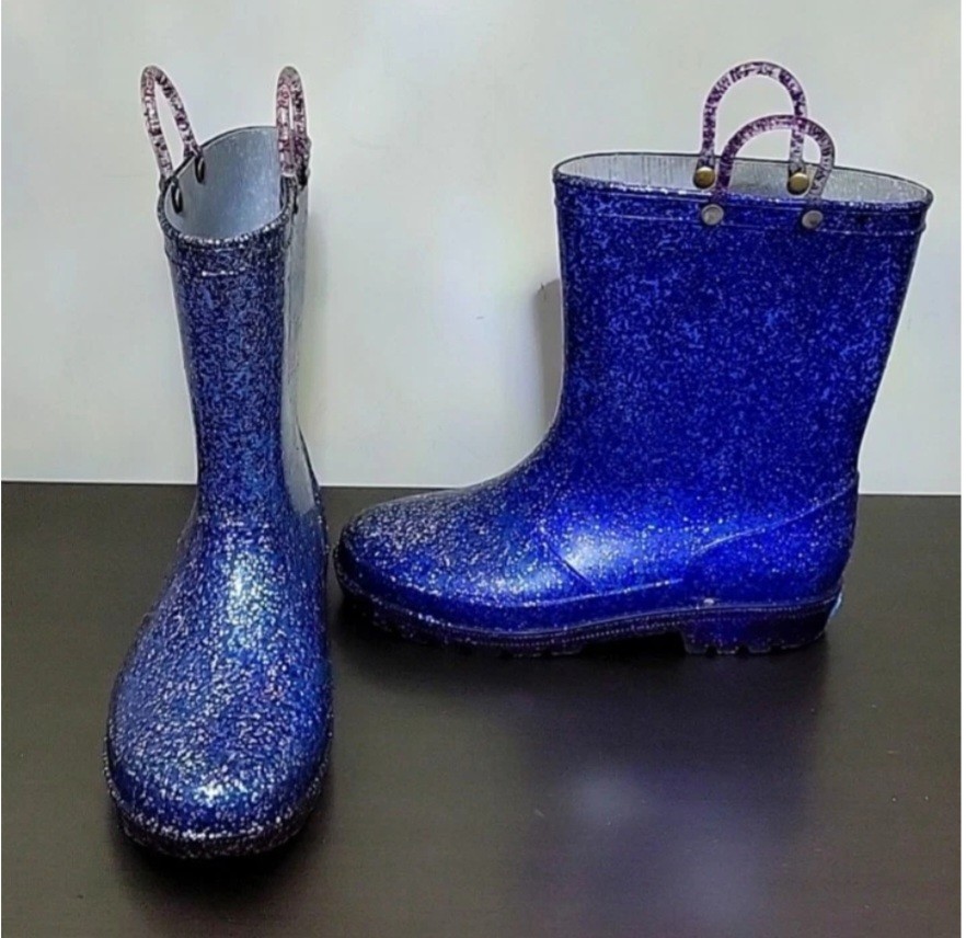 Hibigo Purple Glitter Rubber Winter Rain Boots w/Pull Up Handles Kids/Girls S 3M
