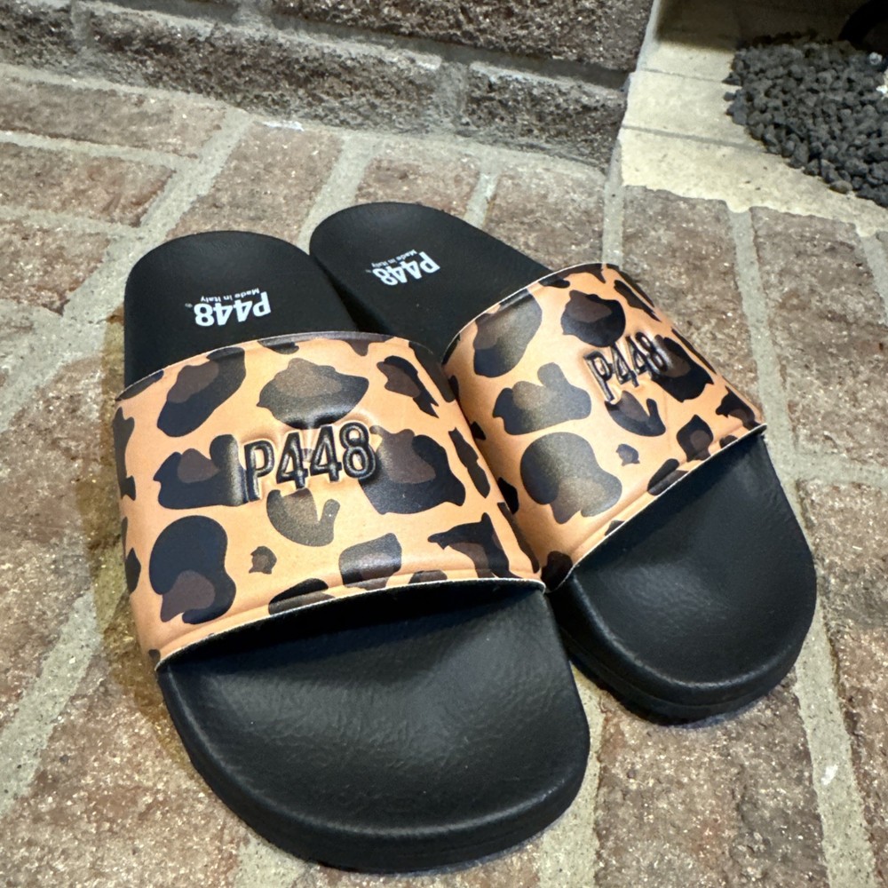P448 Leopard black sandals Slides Size 4 Black logo flats Animal Print #35