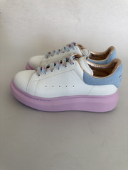 Alexander McQueen Kids Oversized Leather Sneakers (White with blue heel tab and