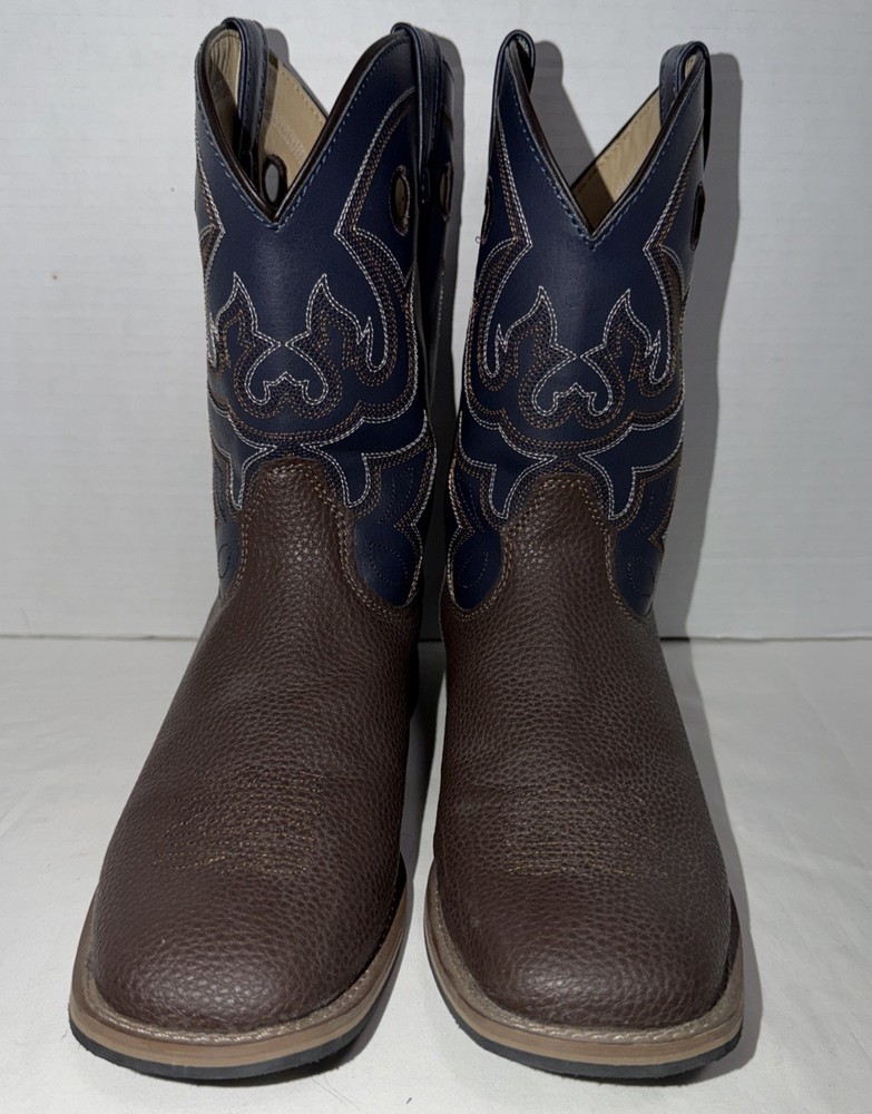 Magellan Cowboy Western Rodeo Boots Navy Blue/Brown Embroidery 5D Size