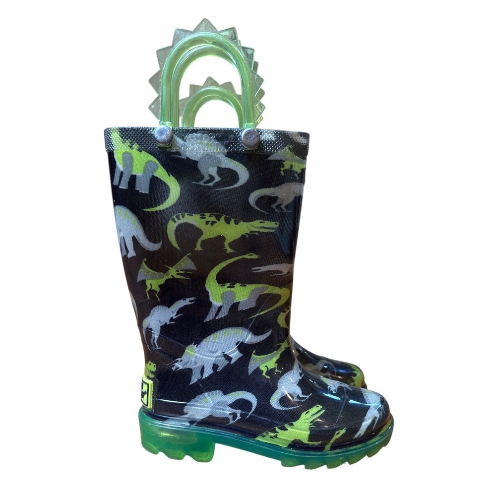 Western Chief Rain Boots Kids Black Green Dinosaur Waterproof SIZE 6