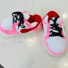 Kids Fuzzy Pink, Red and White Hard Bottom Sneaker Slippers Sz OS