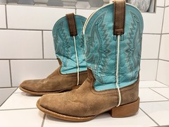 Ariat Kids Bristo Tan Turquoise Square Toe Western Cowboy Boots size 4.5