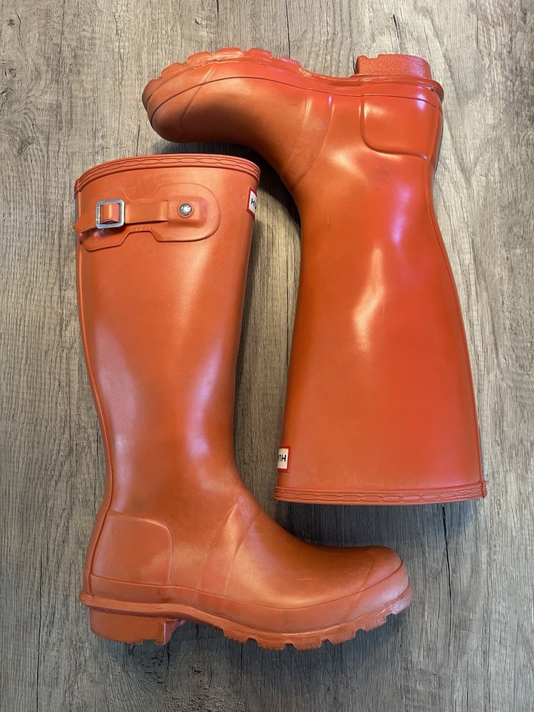 Hunter Original Tall Gloss Youth Wellington Boots Sz 4 Coral Orange Preowned