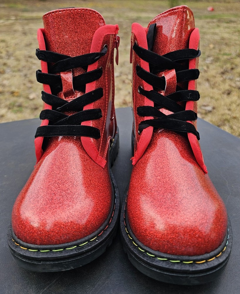 New Red Glitter Ankle Boots Velvet Lace Up W/ Side Zipper For Kids Size 4