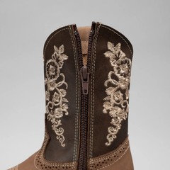 Kids Embroidered Square Toe Cowboy Boots Brown Leather 6″ Shaft 1″ Heel