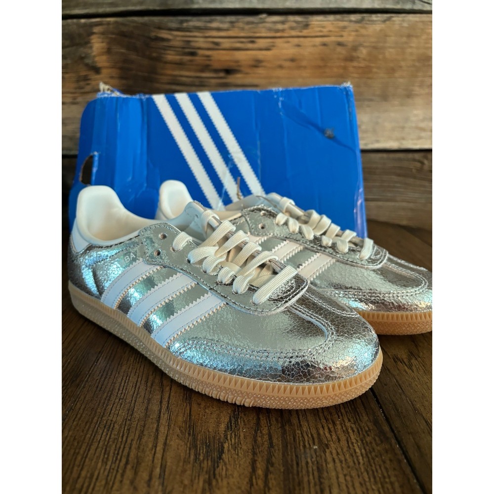 Adidas Samba OG J Metallic Silver Cracked Leather Sneakers KI5718 Kids 3.5Y NEW
