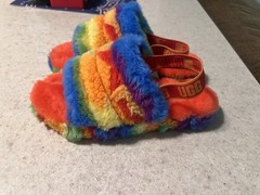 Size 4 – UGG Australia Fluff Yeah Slide Rainbow Stripe 1119840K-RSTR Kids Sandal