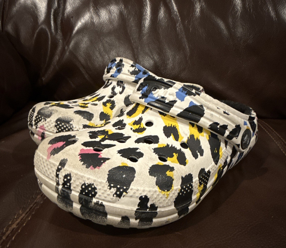 Crocs Classic Clog Kids White Leopard Print Slip On US 12