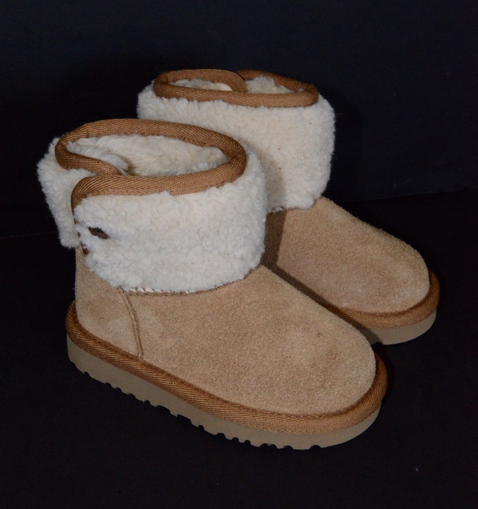 UGG Jona Chestnut Suede Shearling Mini Boots Side Snap Button Youth Sz 6