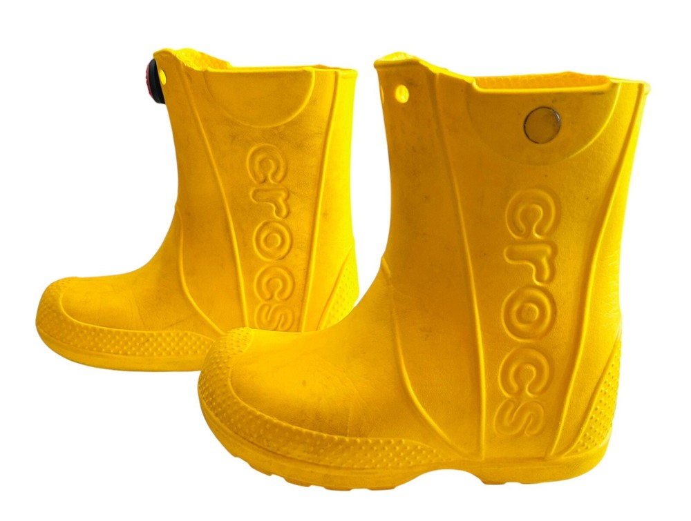 Crocs Child’s Youth Yellow Rainboots Sz 9 Rubber MidCalf Pull On Damaged Stained