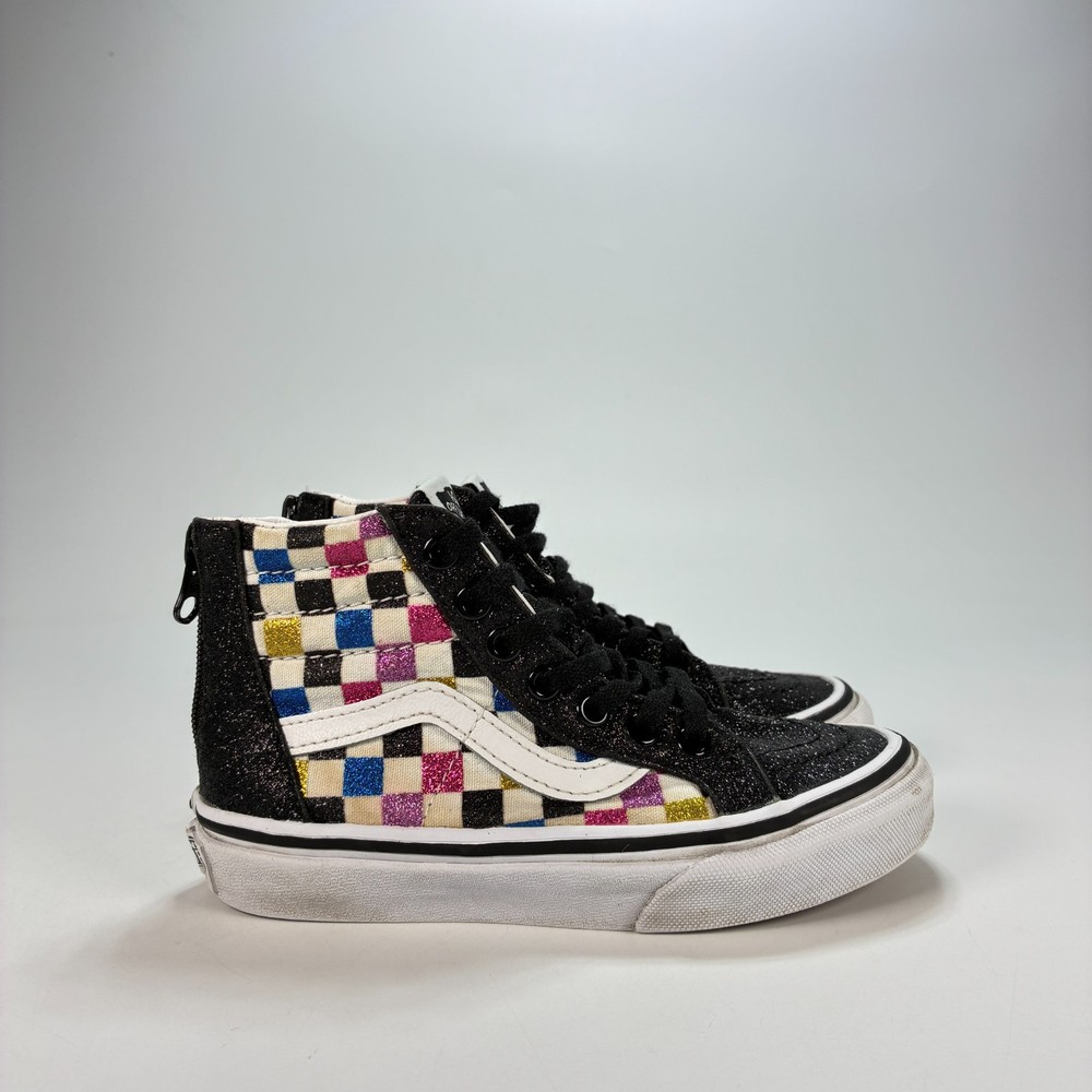 Vans Sk8-Hi Glitter Checkerboard High Top Lace Up Skate Shoes 507452 Kids Sz 12