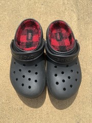 Crocs Kids J3 3 Classic Clog Fleece Lined Black Red Plaid Buffalo