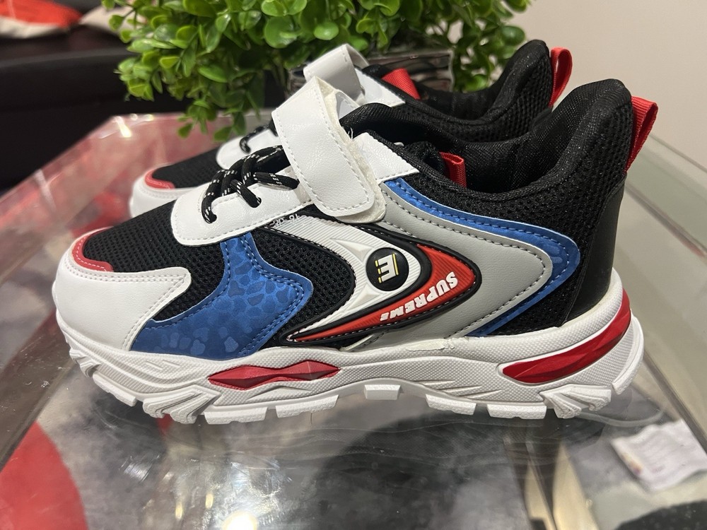 SUPREM Unisex Kids Athletic Sneakers Black White Blue Red Hook & Loop Lace Up
