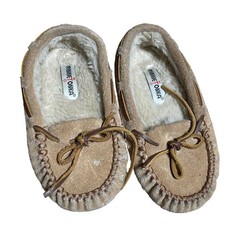 Minnetonka Kids Moccasin Slippers Tan Suede Faux Fur Lined Size 11