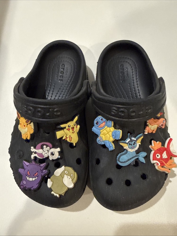 Crocs Classic Black Clogs C10 W/ Pokémon Jibbitz