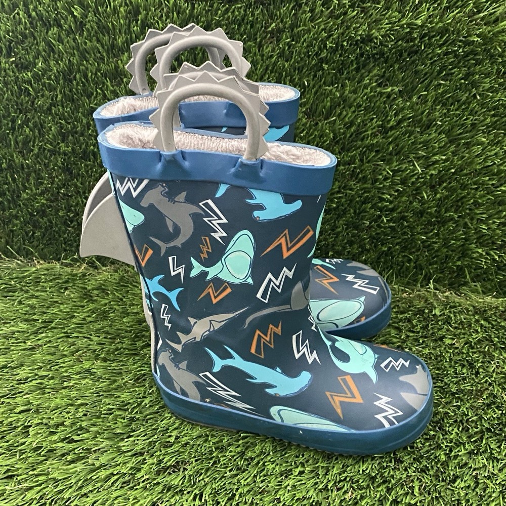 Members Mark Easy Pull-On Shark Rain Boots Wellies Kids 7/8 Blue Faux fur Lined