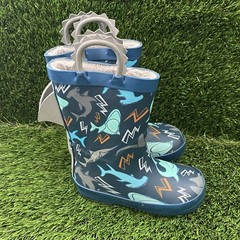 Members Mark Easy Pull-On Shark Rain Boots Wellies Kids 7/8 Blue Faux fur Lined