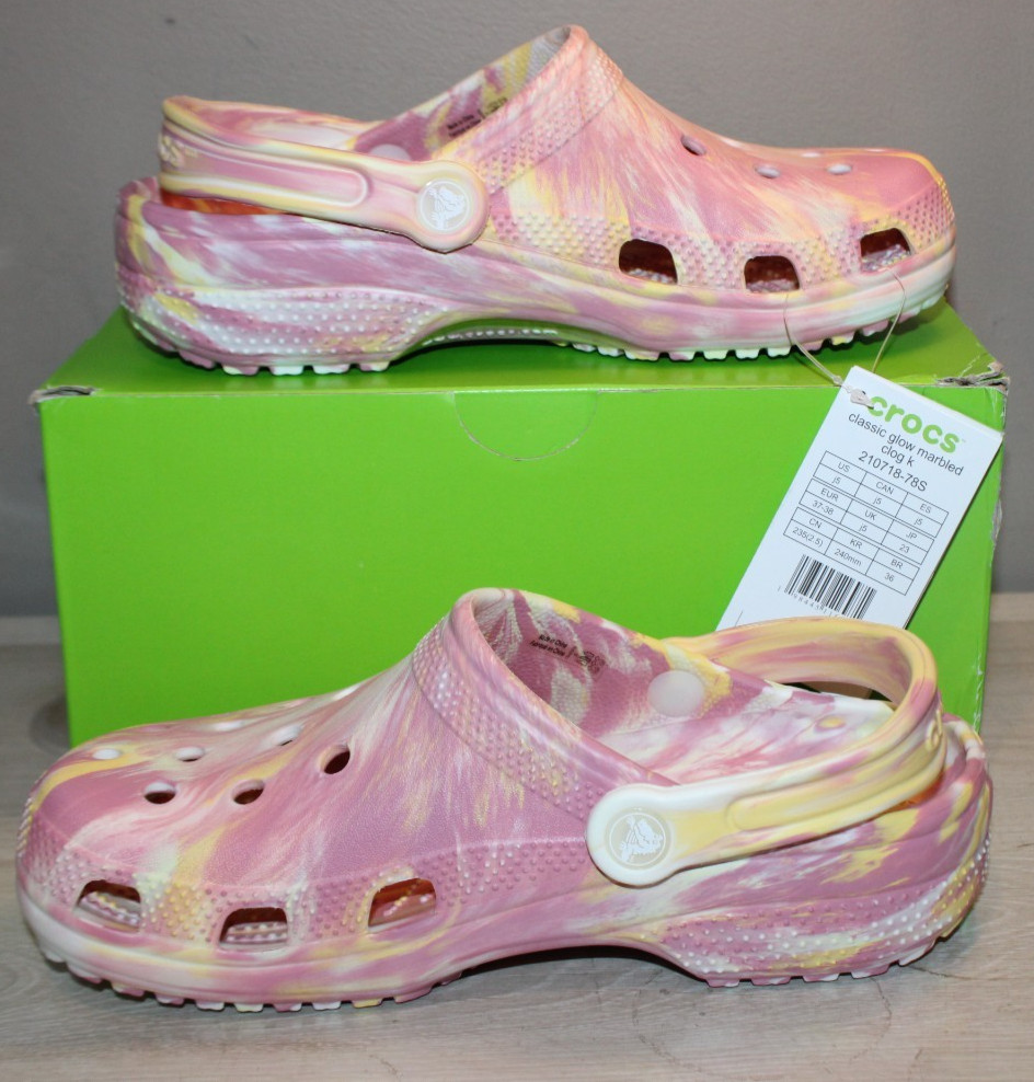 CROCS CLASSIC GLOW IN THE DARK MARBLED CLOGS DAYLILY MULTI YOUTH SZ JR 5 NEW