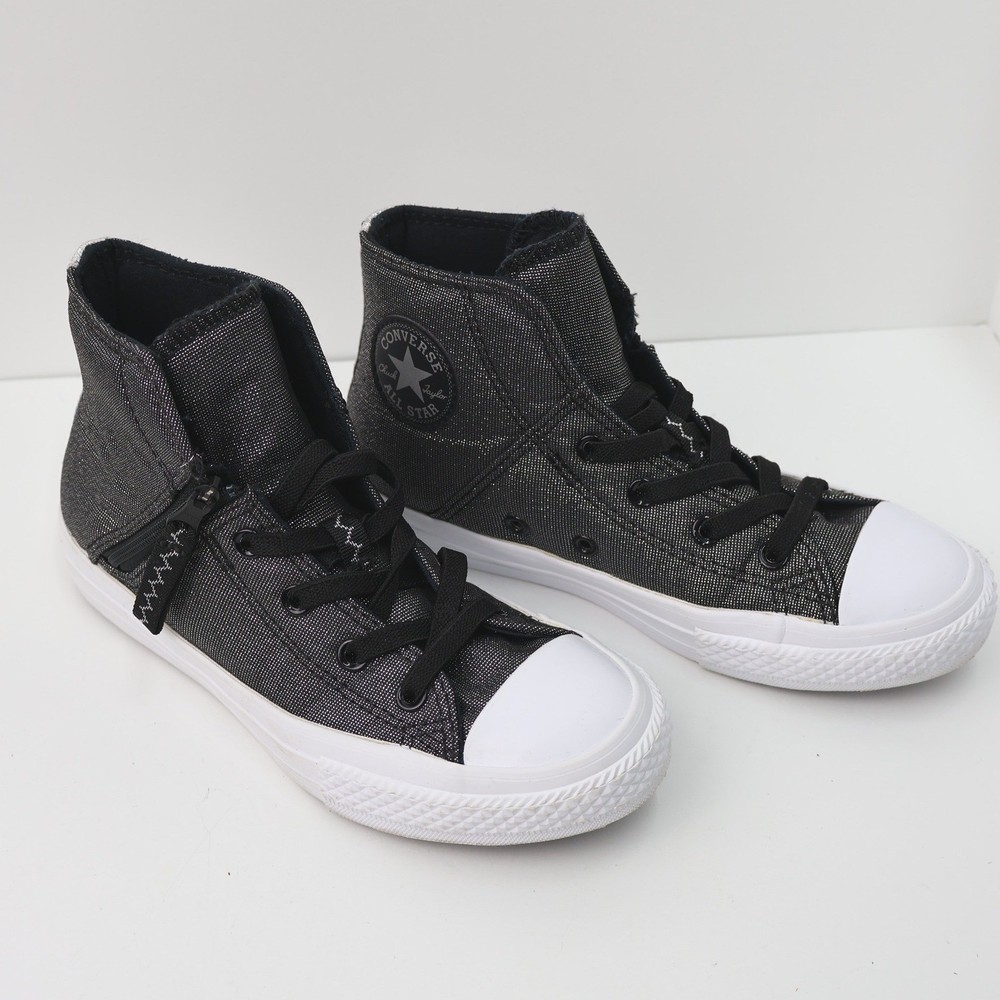 Converse Chuck Taylor All Star High Top Black Silver Metallic Side Zip Kids 1.5
