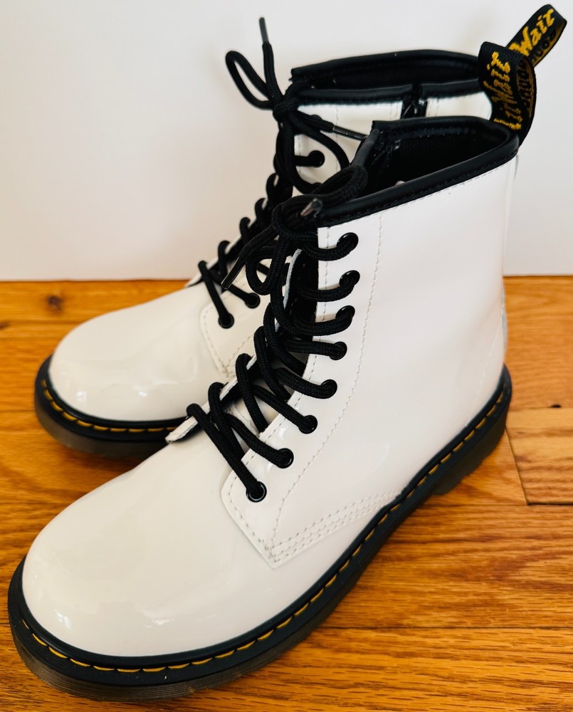 DR DOC MARTENS Youth Kids Junior 1460 Side Zip Boots Sz 4 WHITE PATENT LEATHER!