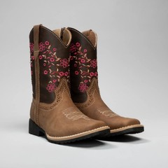 Kids Embroidered Square Toe Cowboy Boots Brown Pink Flowers Leather 6″ 1″ Heel