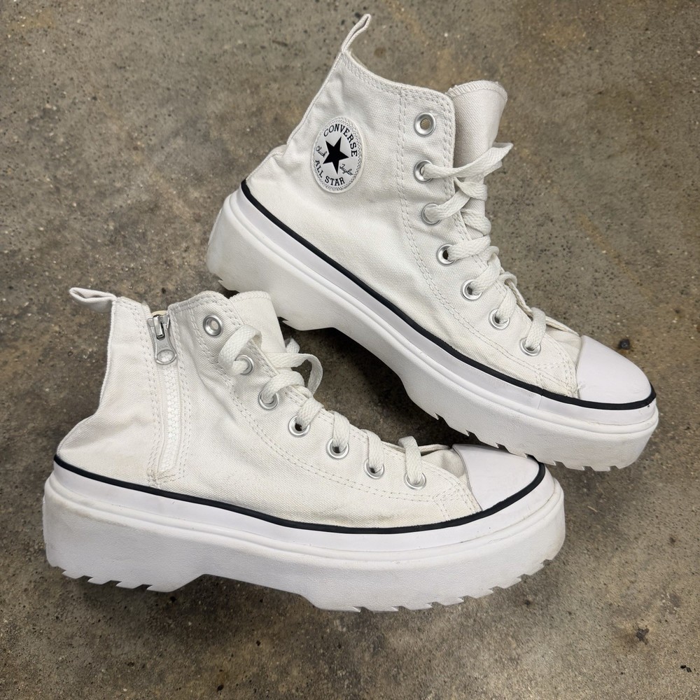 Converse White High Top Zipper Lug Sole Sneaker Unisex Kids US 6 Women’s 7.5