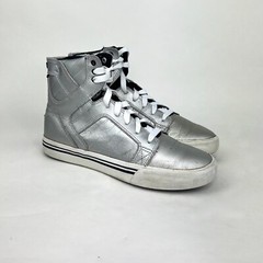 Supra Muska Metallic Silver High Tops Skate Shoes Youth Size 5, US Wmns 6.5 – 7