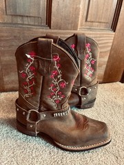 Girls 1.5 Caballo Dorado Brown Maroon Leather Cowgirl Boots Ankle Strap bling