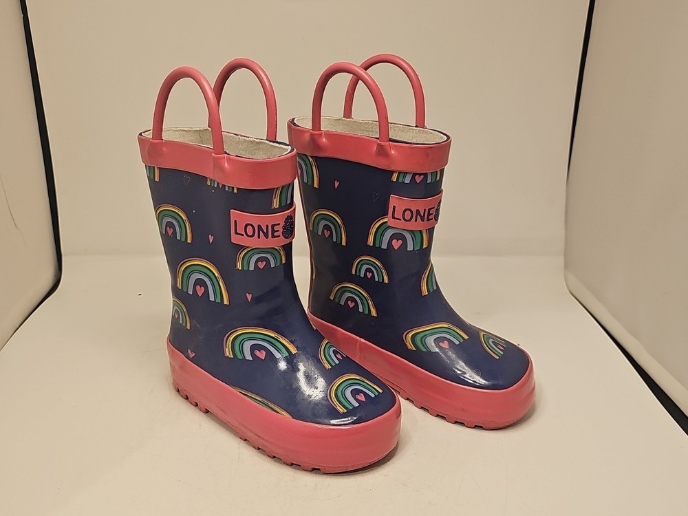 LONE CONE rainbows hearts RUBBER RAIN BOOTS KIDS 4 EASY-ON HANDLES