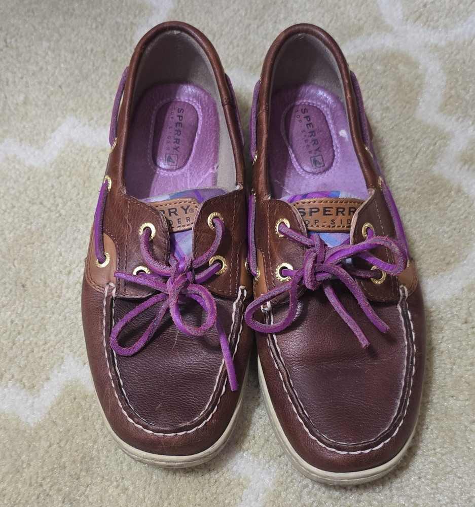 Sperry Top-Sider Men’s US 4 Brown Leather Boat Shoes Plaid Purple Lace-Up