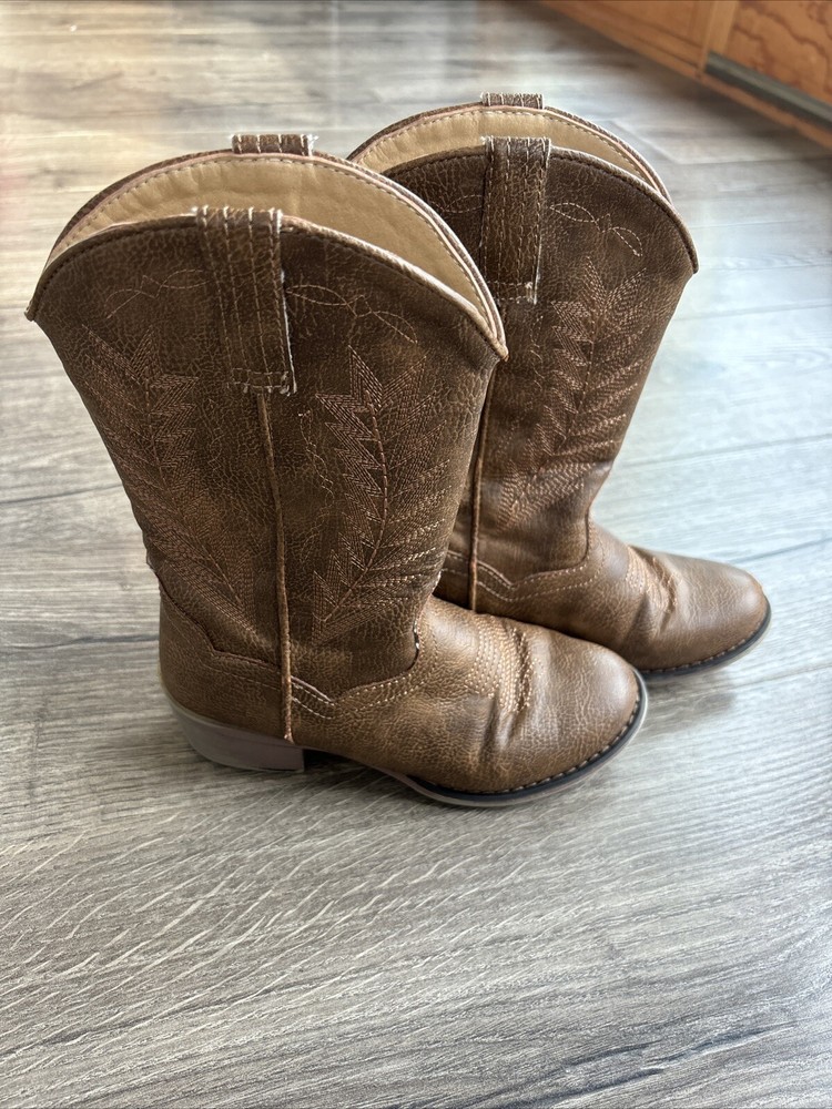 Roper Youth Size 13 Brown Leather Rose Gold Feather Cowgirl Western Cowboy Boot