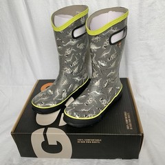 NEW Bogs Kids Rain Boots Super Dino Gray Waterproof Pull On Handles Youth Sz 4