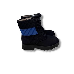 Aerosoles Kids Sirie Combat Boots Youth Sz 1 Black Blue Ribbed Knit Lug Sole NEW