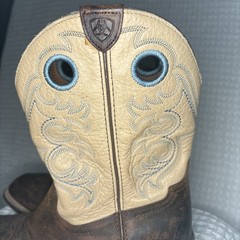 Ariat Brown Tan Leather blue stitching Western Rodeo Boots Big Kids Size 3.5