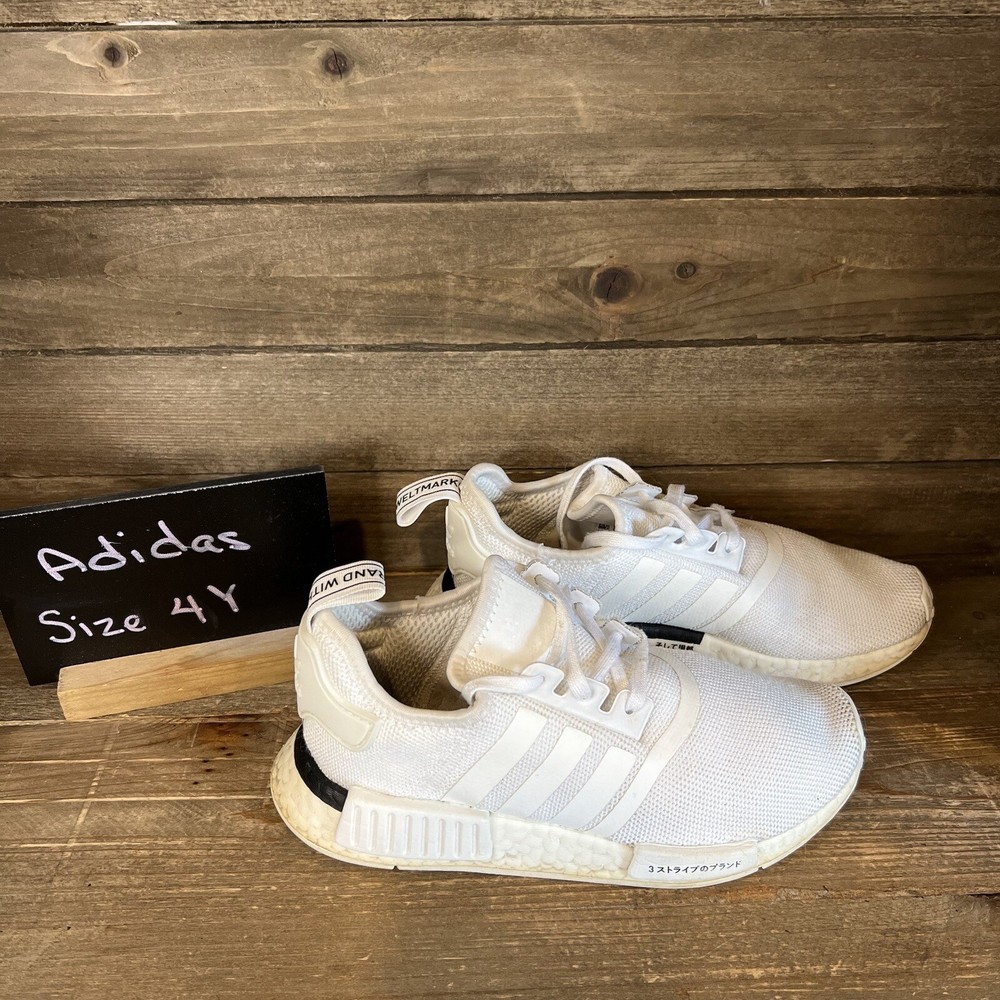Kids Childerns Adidas NMD R1 Japan Triple White Shoes Sneakers Size 4 Y GUC