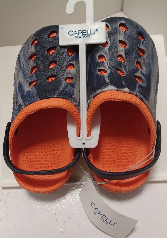 Capelli New York Clogs with Backstrap BLUE/WHITE Swirl & ORANGE Kids 2 ~ NWT