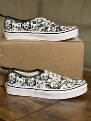Vans Authentic Kids Size 3 Black White Skull Print Sneakers, Excellent Condition