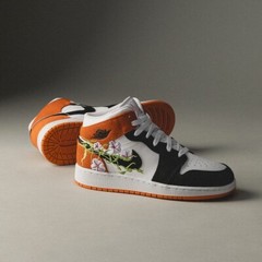 Nike Air Jordan 1 Mid (GS) ‚Floral‘ White Black Orange DQ8390-100 Kids‘ Sz 5-6.5