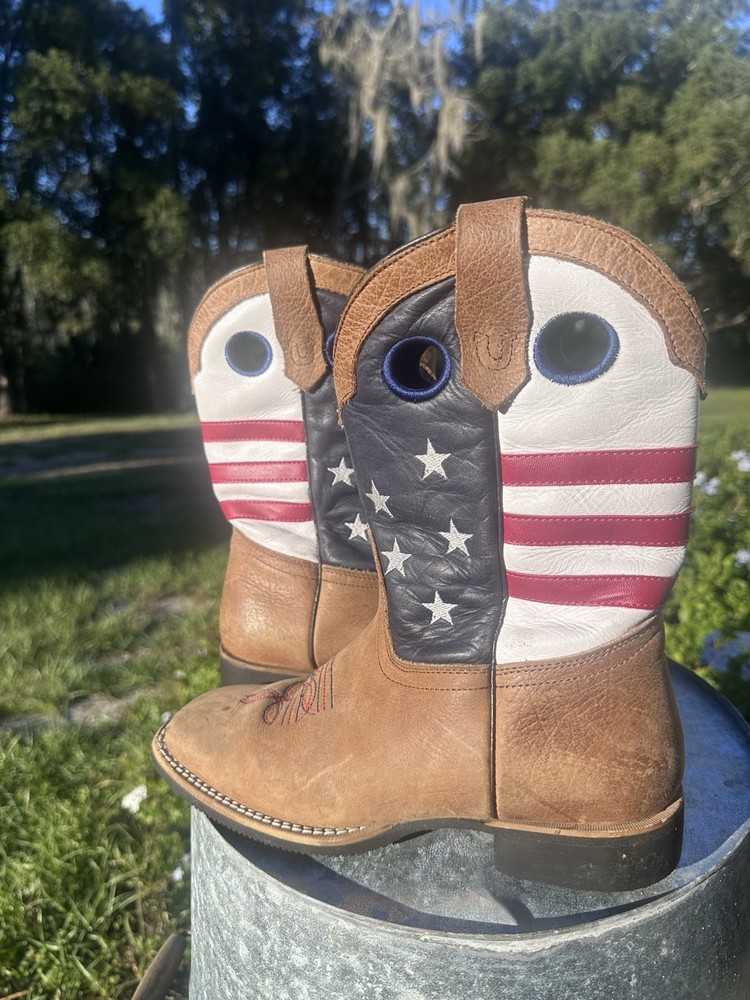 J.B. DILLON KIDS USA FLAG PATRIOTIC Flag Red White Blue LEATHER BOOTS Size 3.5Y