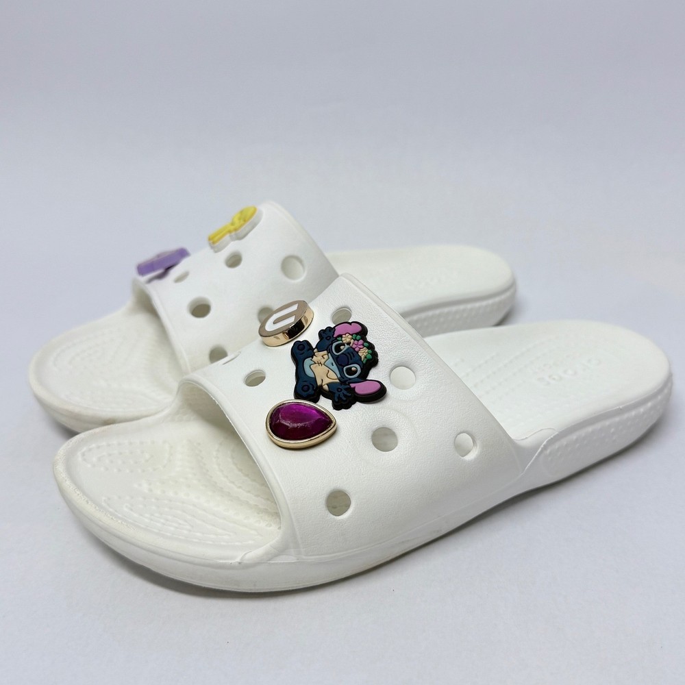 Crocs Classic Slide White Sandals J2 Disney Stitch Jibbitz Charms Kids Shoes