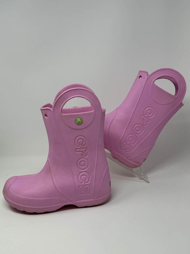 Crocs Handle It Rain Boots Pink Size J2 Kids Youth Girls Waterproof Pull-On