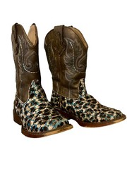 Roper Western Boots. Kids Size 9. Leapord Print With Turquoise, Brown Square Toe