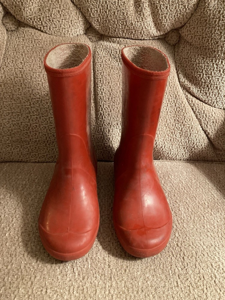 Red Rubber Waterproof Mid-Calf Rain Boots Unisex Kids Pull On Flat Toe
