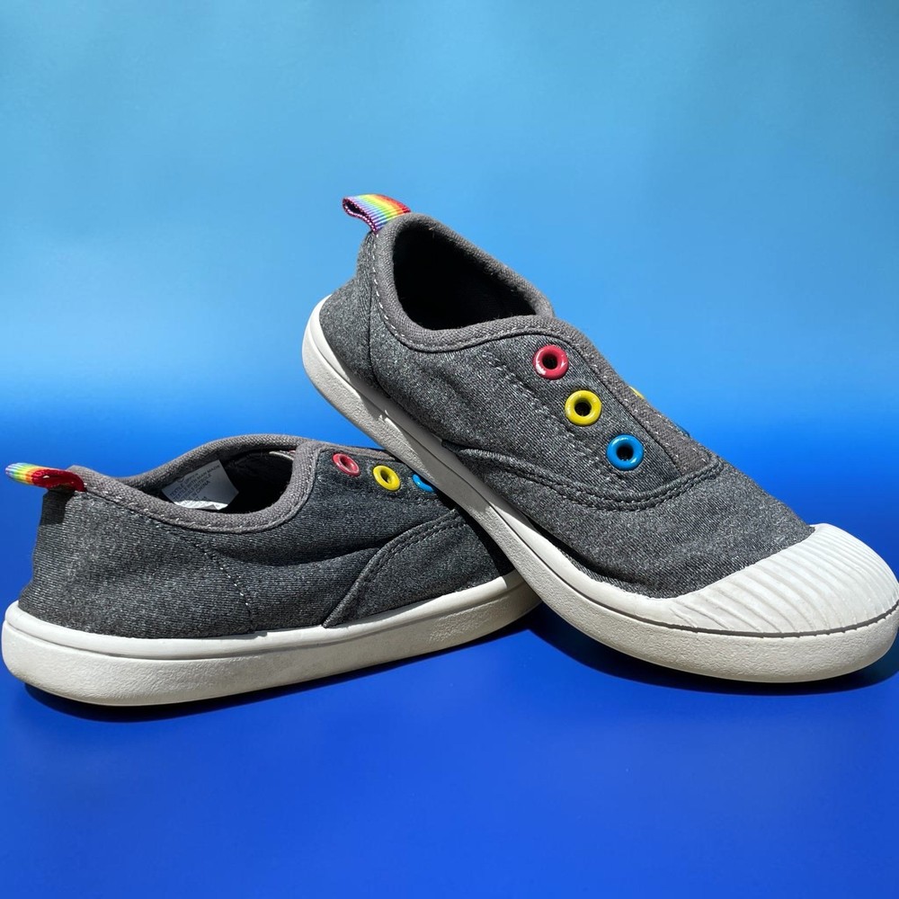 Cat & Jack Kids Gray Canvas Slip On Sneakers Rainbow Pull Tab Size 11