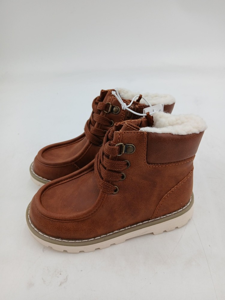 Shearling Style Boots Kids Size 8 Brown Faux Suede Lace Up Ankle Winter Cozy