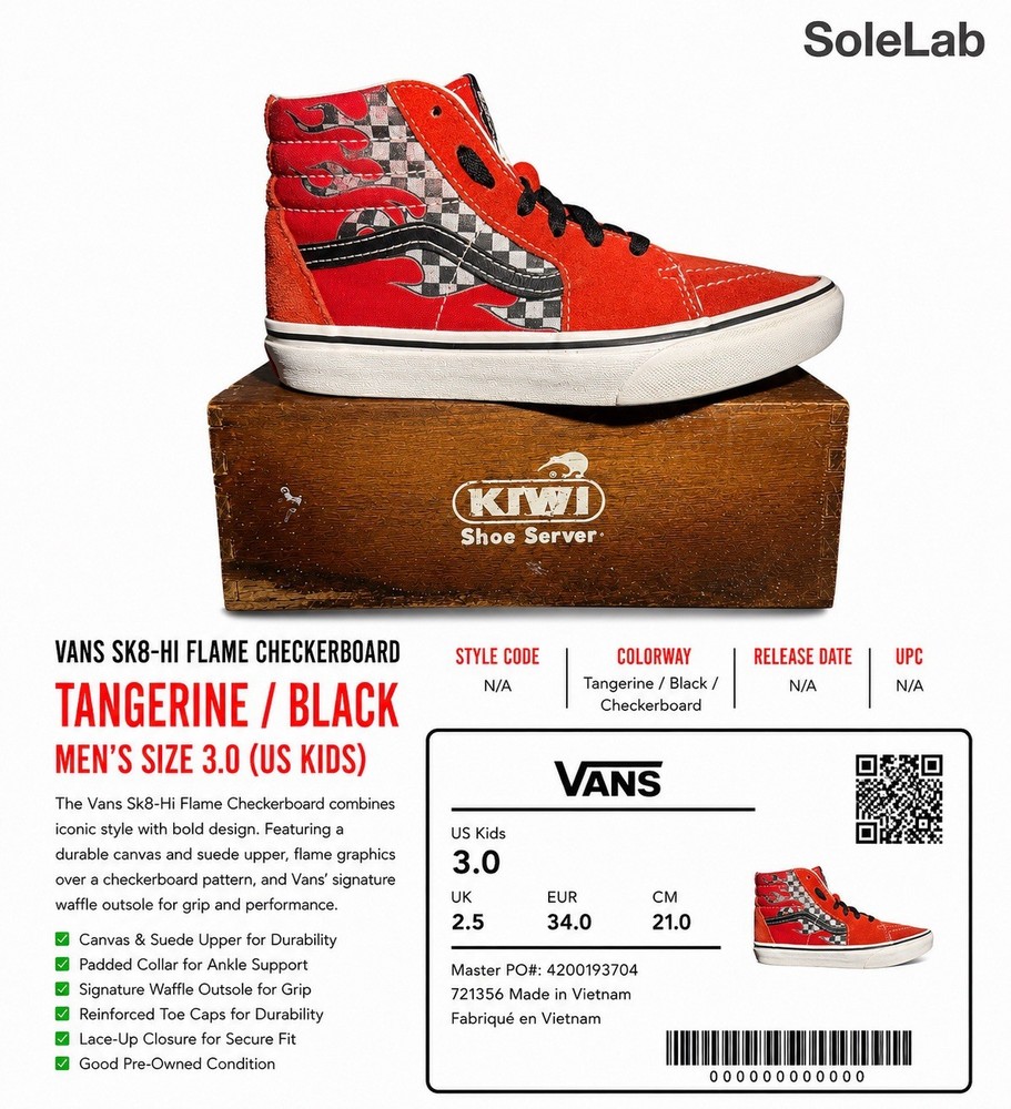 Vans Sk8-Hi Flame Checkerboard Red Black Kids Size 3 Youth Sneakers EUC