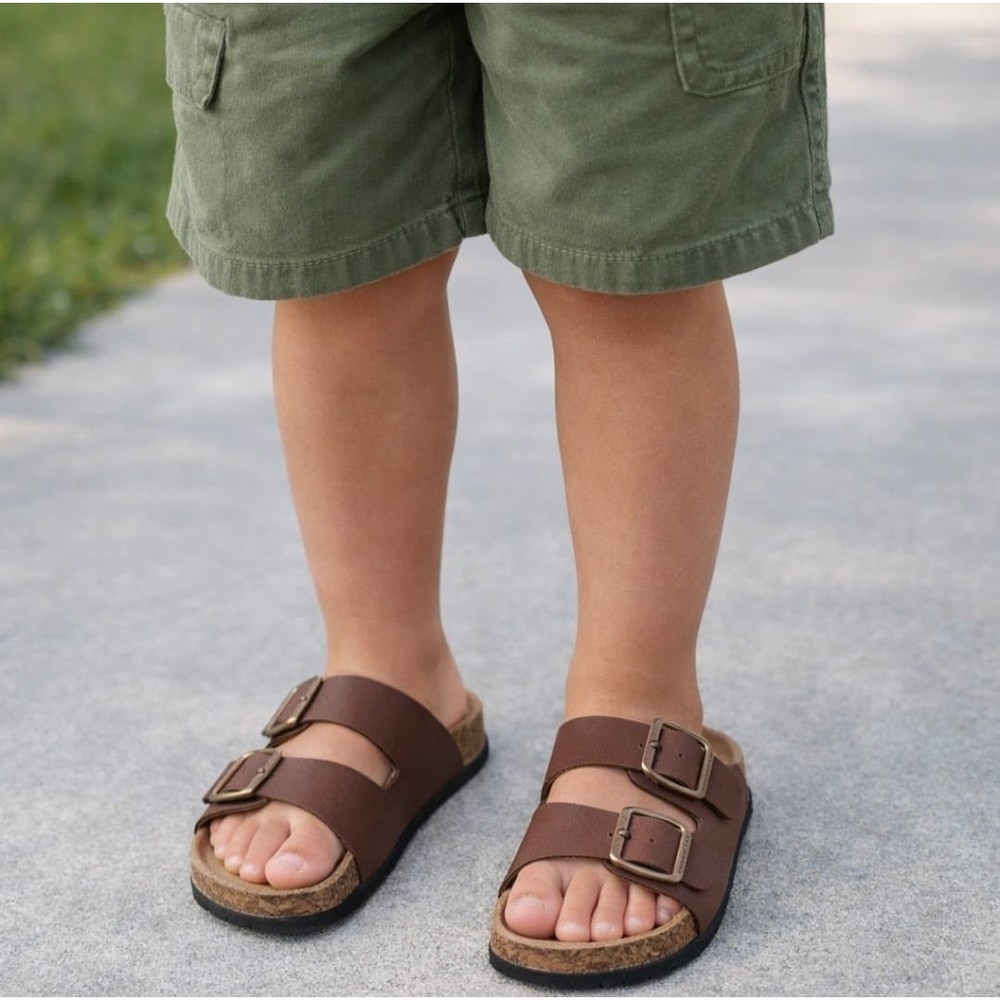 Lucky Brand Blanc Kids Brown Dual Strap Buckle Slide Sandals Size 3