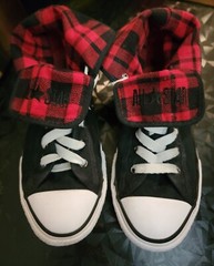 Converse All Star Black Canvas High-Tops W/ Red Plaid Fold-Down Collar US 4/EU 3