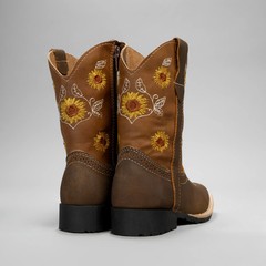 Kids Embroidered Square Toe Cowboy Boots Dark Brown Gold Flowers Leather 6″ 1″ H